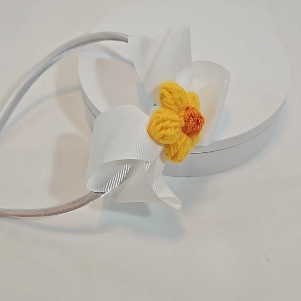 Hand Crafted White Bow Hairband Hand Knit Crochet Yellow Puffy Flower Coquette